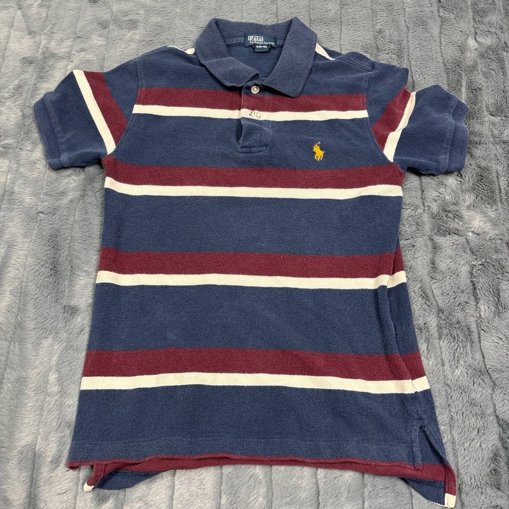 Polo Ralph Lauren Kids Navy Blue Burgundy Striped Polo Shirt Size S 8-10